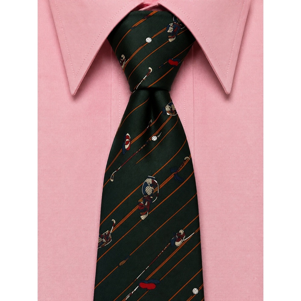 The Silk Connection Mens Golf Theme Silk Tie Forest Green Orange Striped Novelty